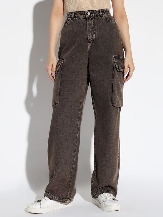 Brown Comfort Wide Leg Light Fade Cargo Jeans
