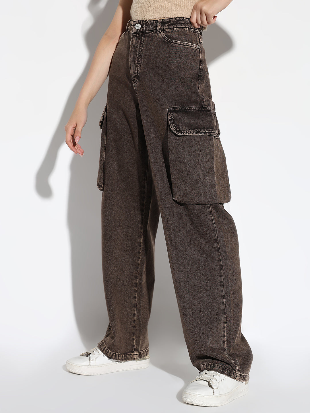 Brown Comfort Wide Leg Light Fade Cargo Jeans
