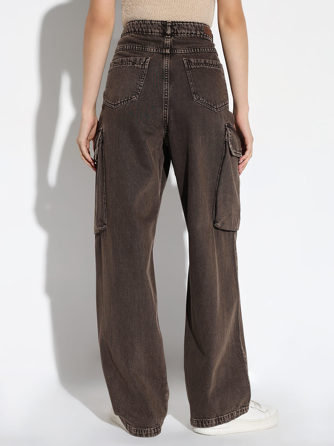 Brown Comfort Wide Leg Light Fade Cargo Jeans