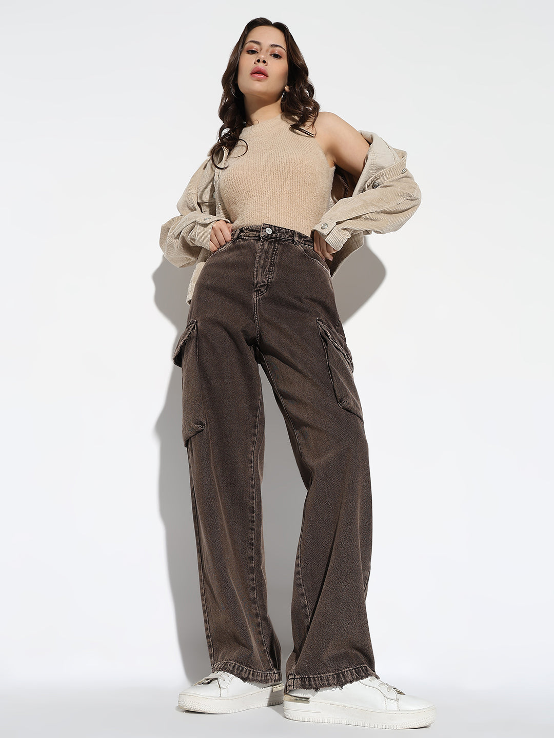 Brown Comfort Wide Leg Light Fade Cargo Jeans