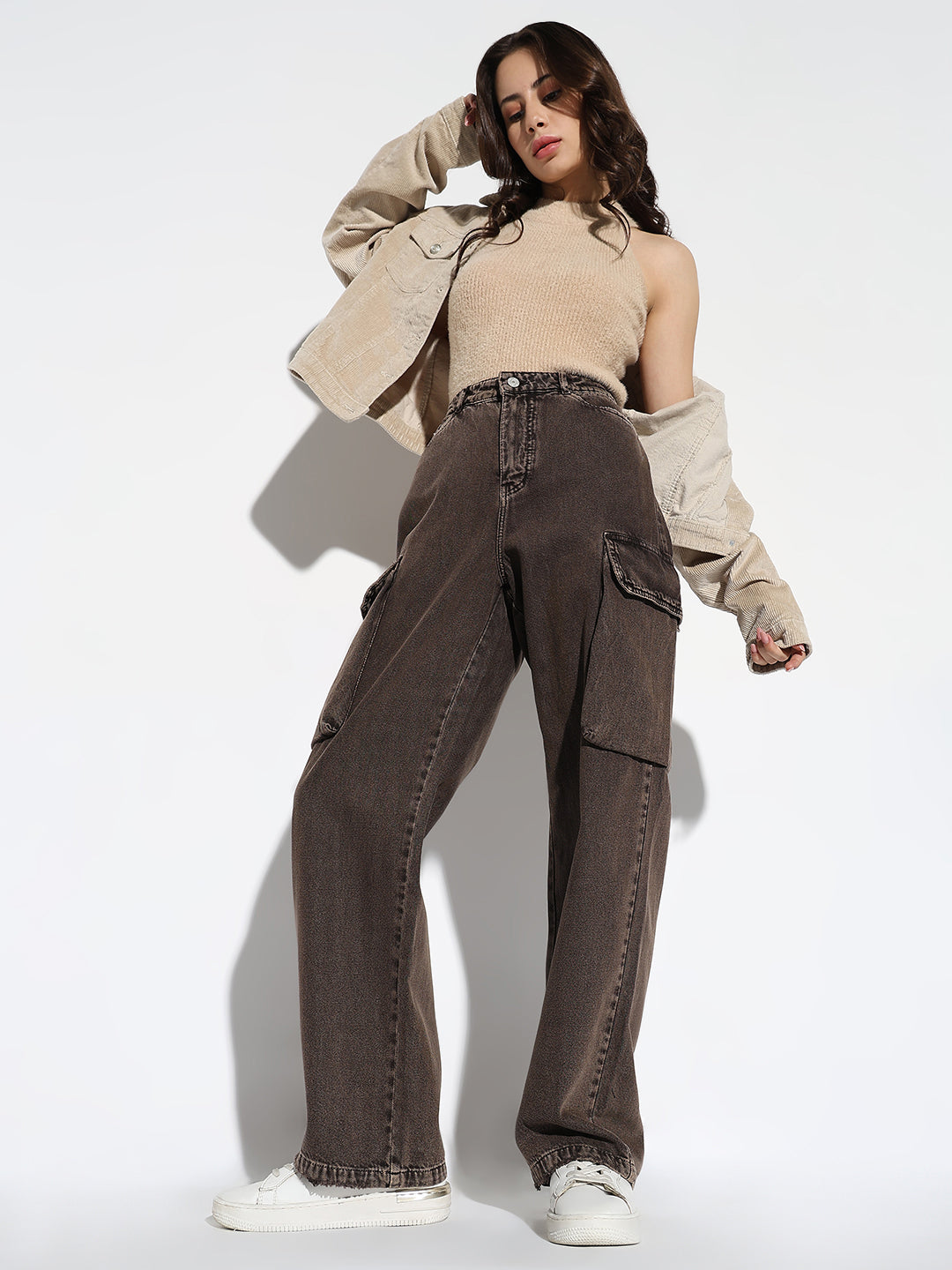 Brown Comfort Wide Leg Light Fade Cargo Jeans