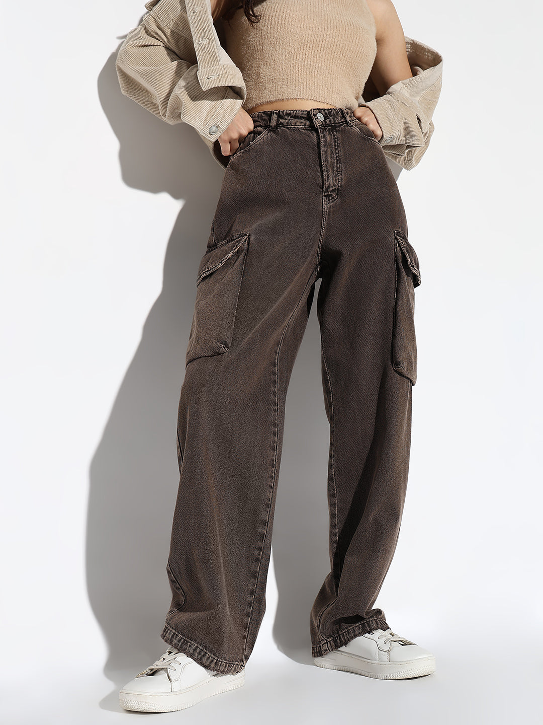 Brown Comfort Wide Leg Light Fade Cargo Jeans
