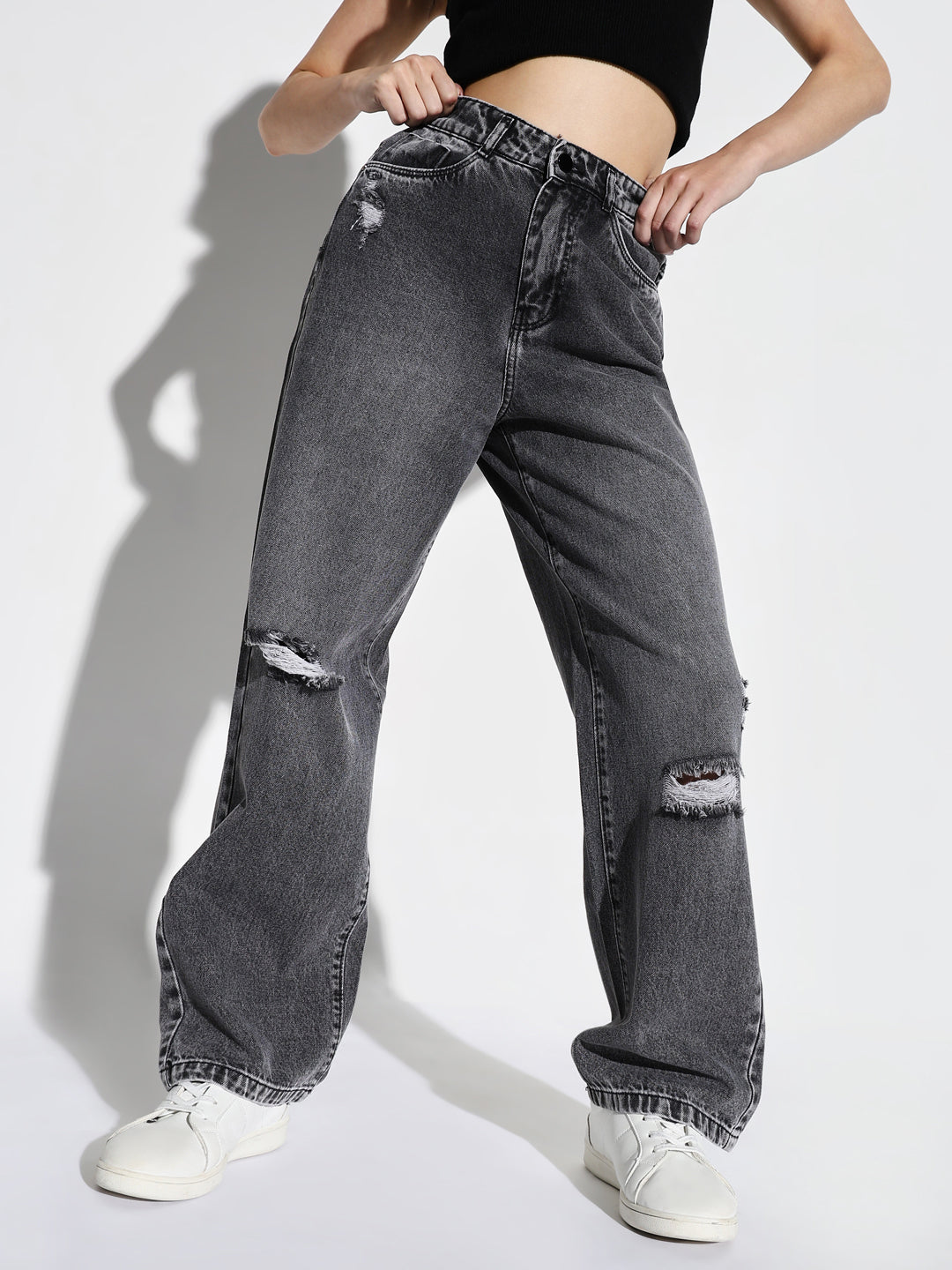 Grey Comfort Wide Leg Slash Knee Heavy Fade Acid Wash Stretchable Jeans
