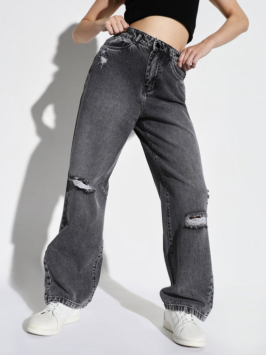 Grey Comfort Wide Leg Slash Knee Heavy Fade Acid Wash Stretchable Jeans
