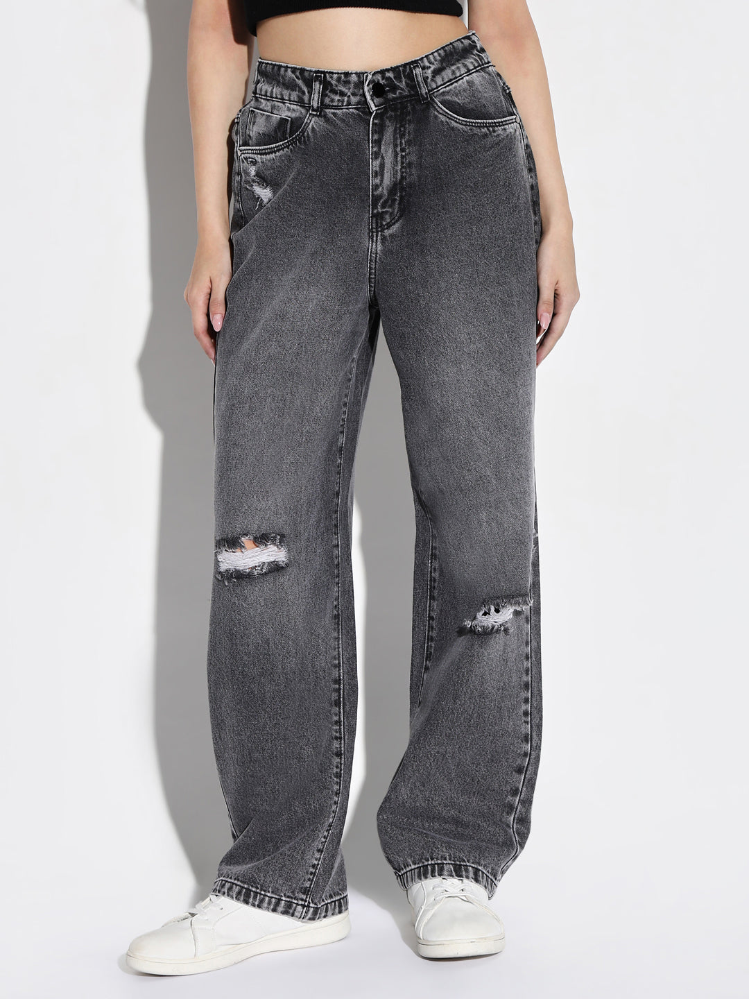 Grey Comfort Wide Leg Slash Knee Heavy Fade Acid Wash Stretchable Jeans