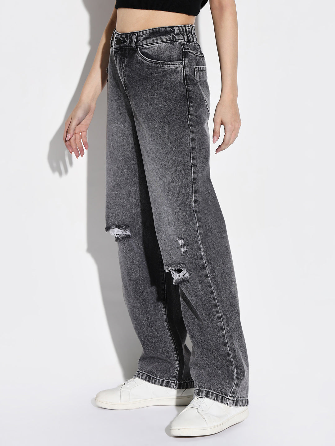 Grey Comfort Wide Leg Slash Knee Heavy Fade Acid Wash Stretchable Jeans