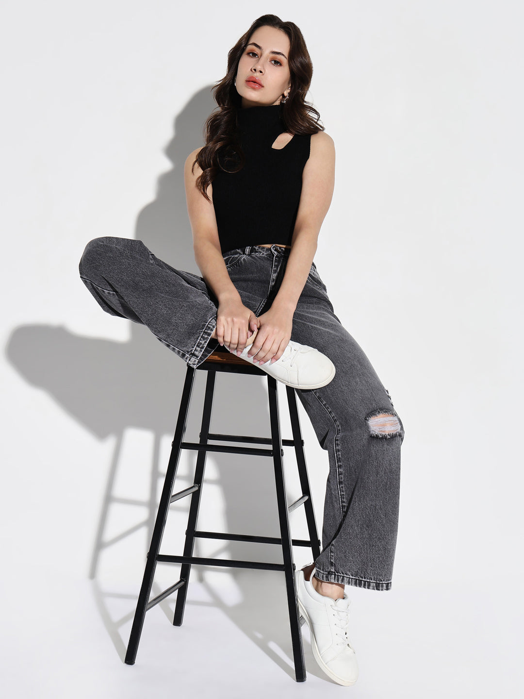 Grey Comfort Wide Leg Slash Knee Heavy Fade Acid Wash Stretchable Jeans