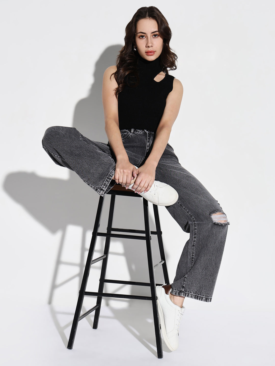 Grey Comfort Wide Leg Slash Knee Heavy Fade Acid Wash Stretchable Jeans