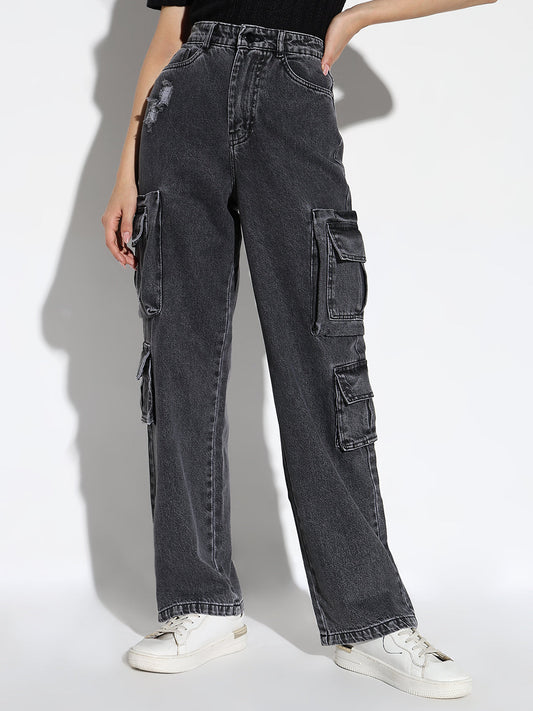 Grey Comfort Straight Fit Low Distress Light Fade Acid Wash Stretchable Jeans