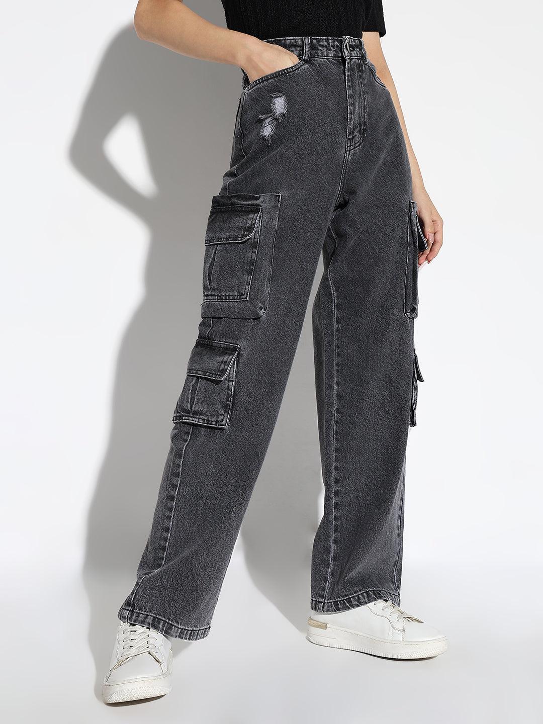 Grey Comfort Straight Fit Low Distress Light Fade Acid Wash Stretchable Jeans
