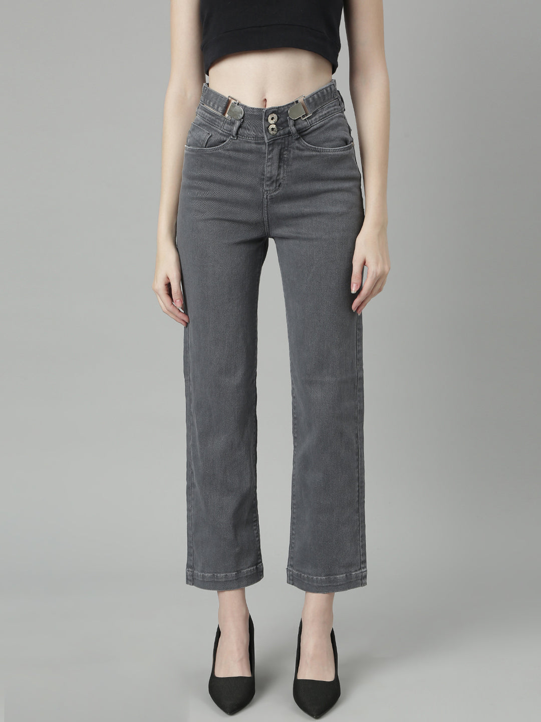 Grey Jean Straight Fit Acid Wash Mid-Rise Stretchable Jeans