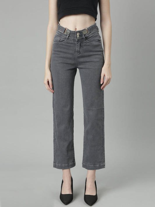 Grey Jean Straight Fit Acid Wash Mid-Rise Stretchable Jeans