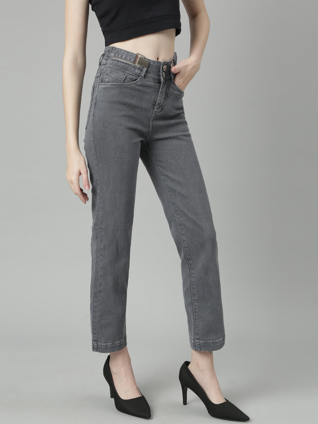 Grey Jean Straight Fit Acid Wash Mid-Rise Stretchable Jeans
