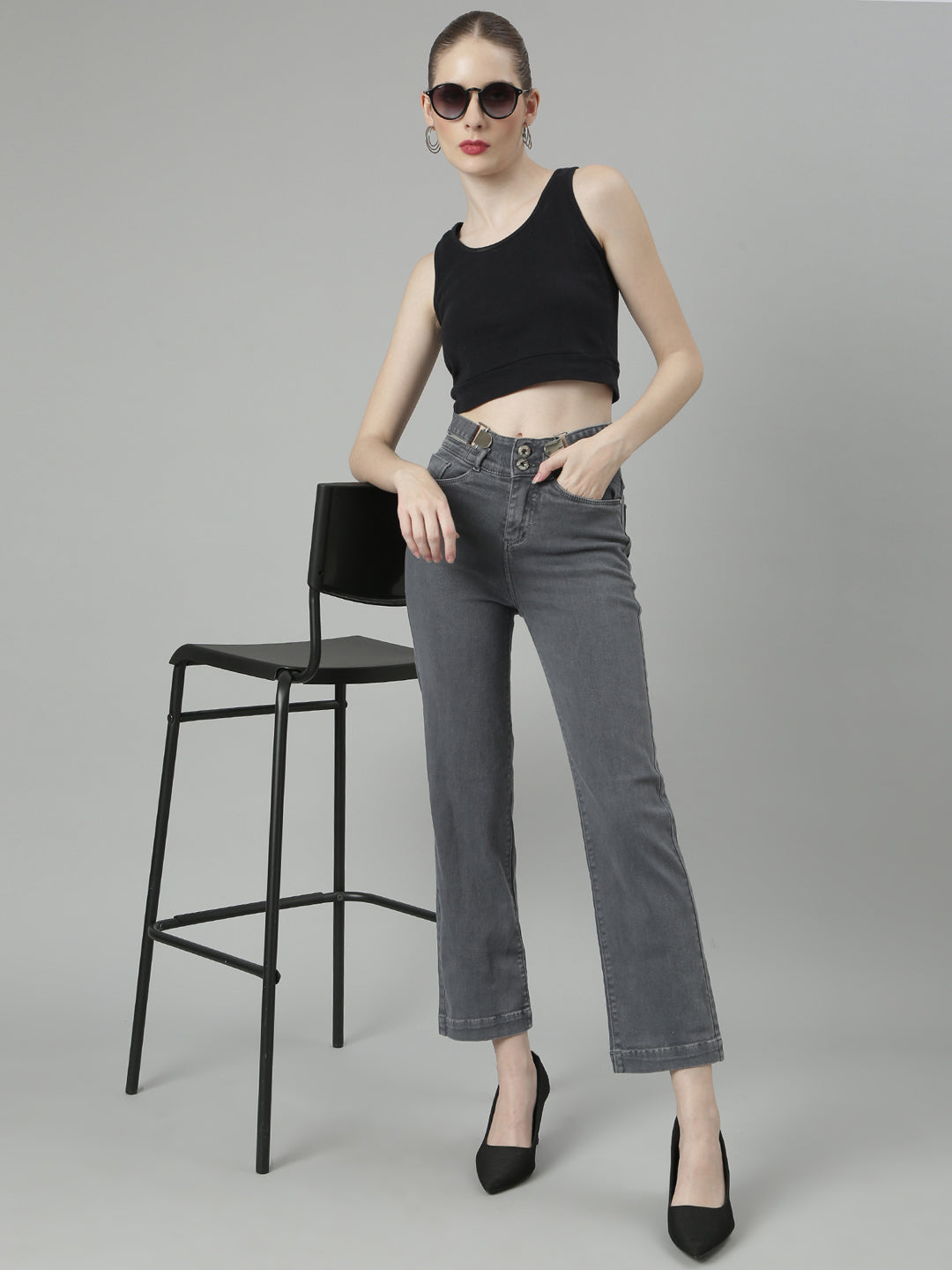 Grey Jean Straight Fit Acid Wash Mid-Rise Stretchable Jeans