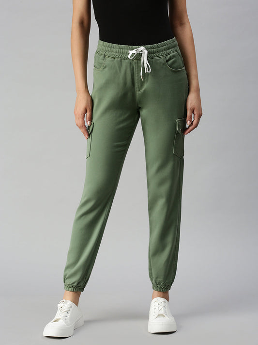 Green Jogger High-Rise Cuffed Hem Stretchable Denim Jeans