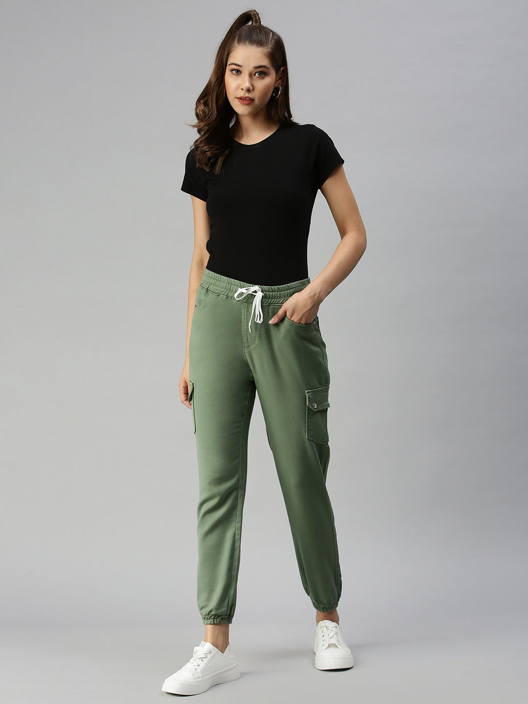 Green Jogger High-Rise Cuffed Hem Stretchable Denim Jeans
