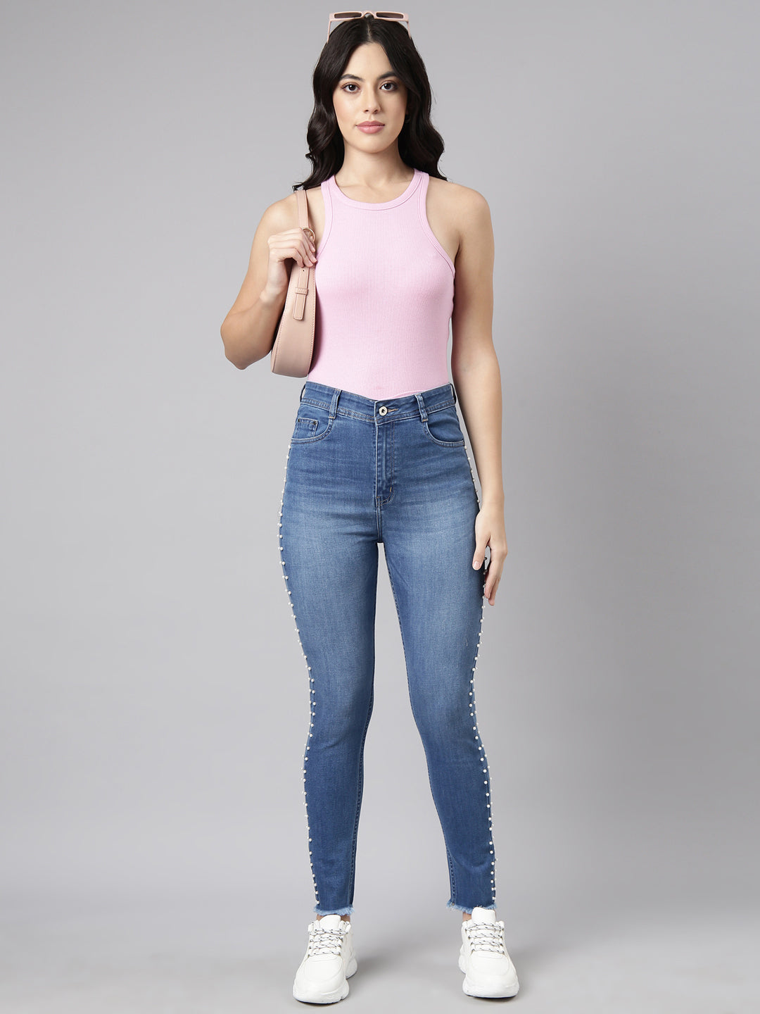 Blue Skinny Fit Light Fade Embellished Stretchable Jeans