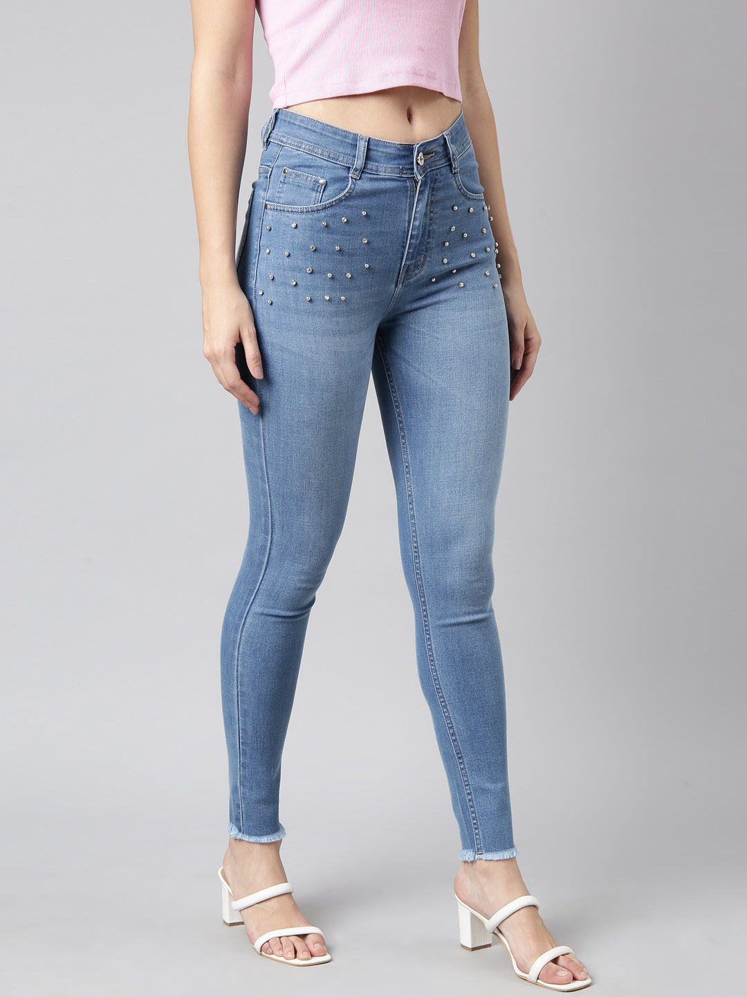Blue Skinny Fit Light Fade Embellished Jeans