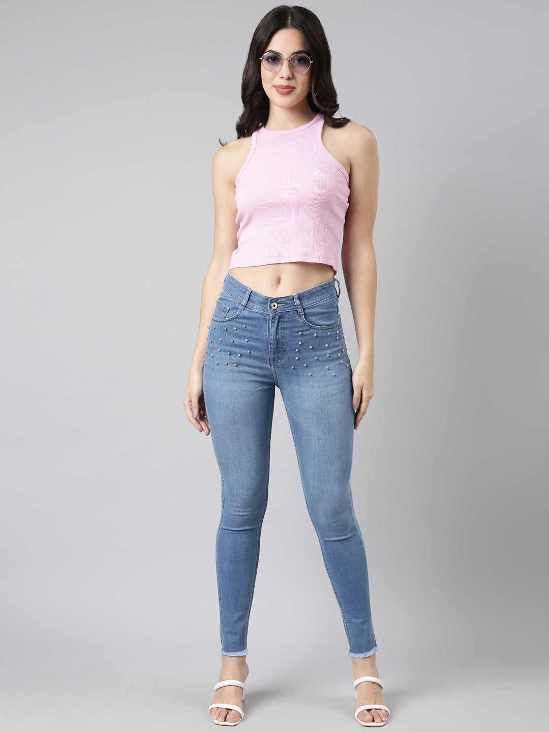 Blue Skinny Fit Light Fade Embellished Jeans