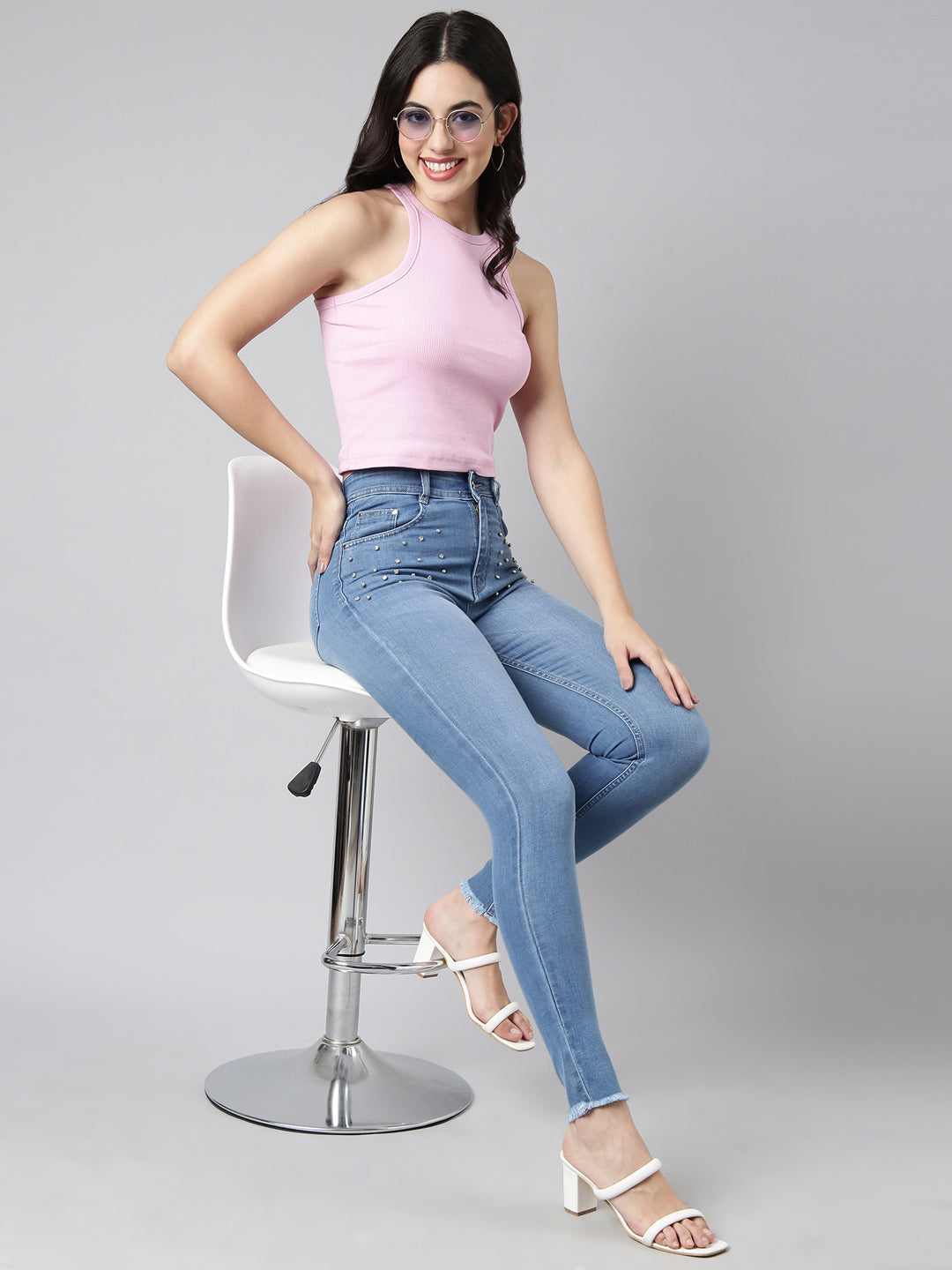 Blue Skinny Fit Light Fade Embellished Jeans