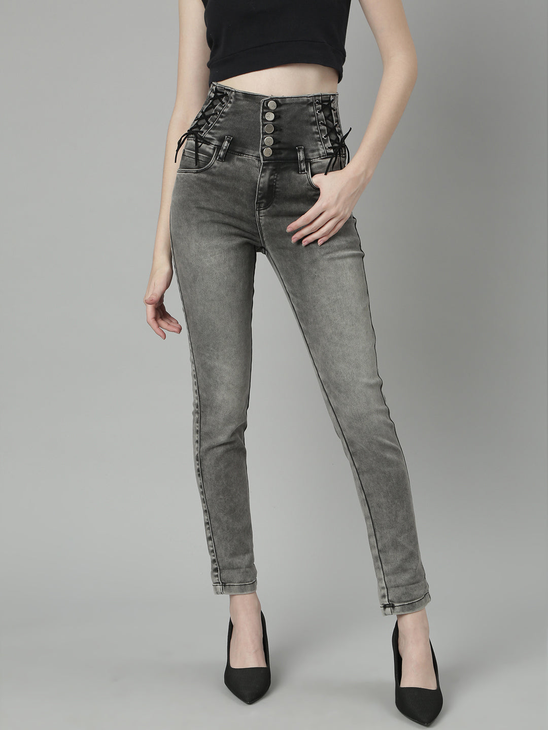 Grey Jean Slim Fit Heavy Fade Mid-Rise Acid Wash Jeans