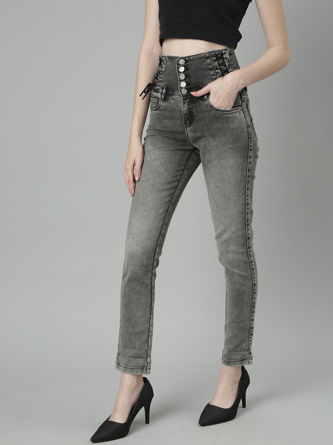 Grey Jean Slim Fit Heavy Fade Mid-Rise Acid Wash Jeans