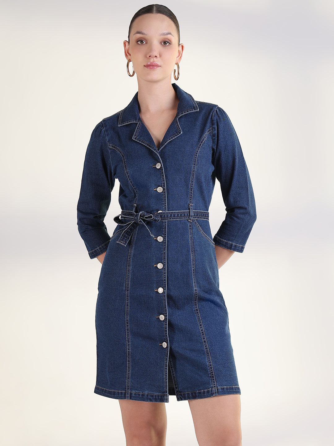 Solid Navy Blue Shirt Above Knee Denim Dress with Fabric Belt