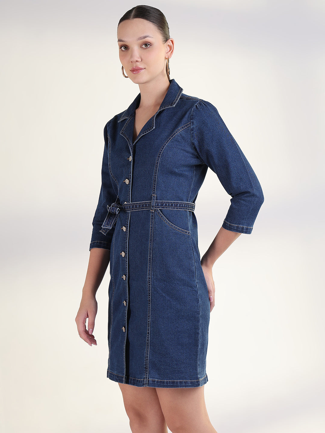 Solid Navy Blue Shirt Above Knee Denim Dress with Fabric Belt
