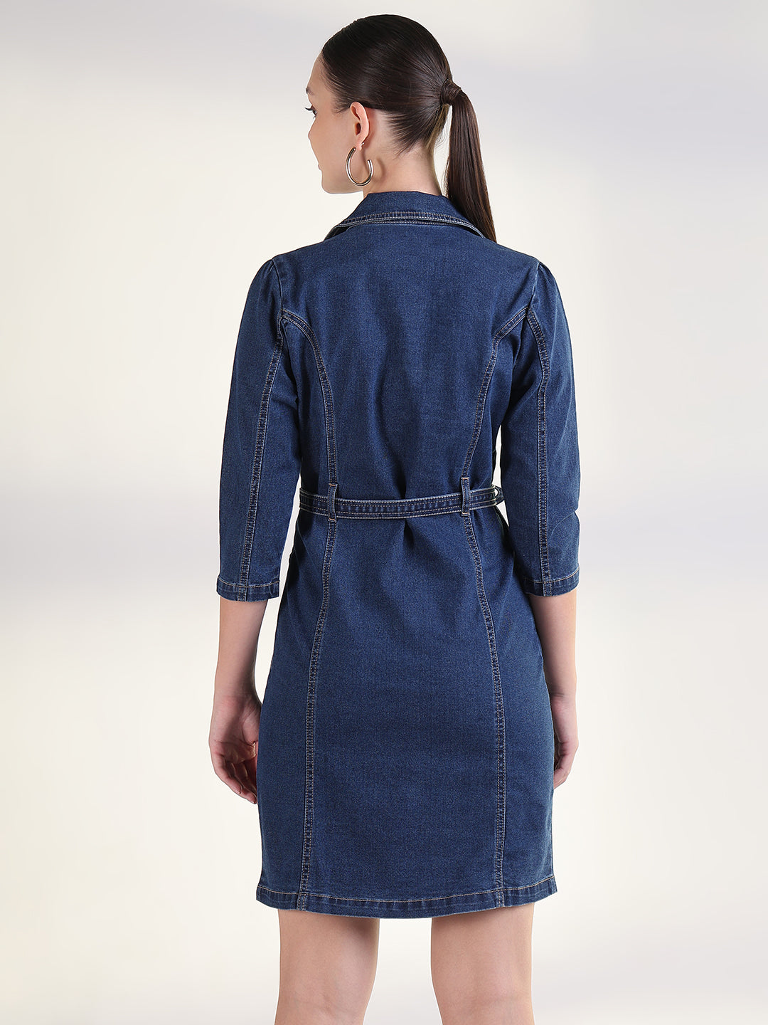 Solid Navy Blue Shirt Above Knee Denim Dress with Fabric Belt