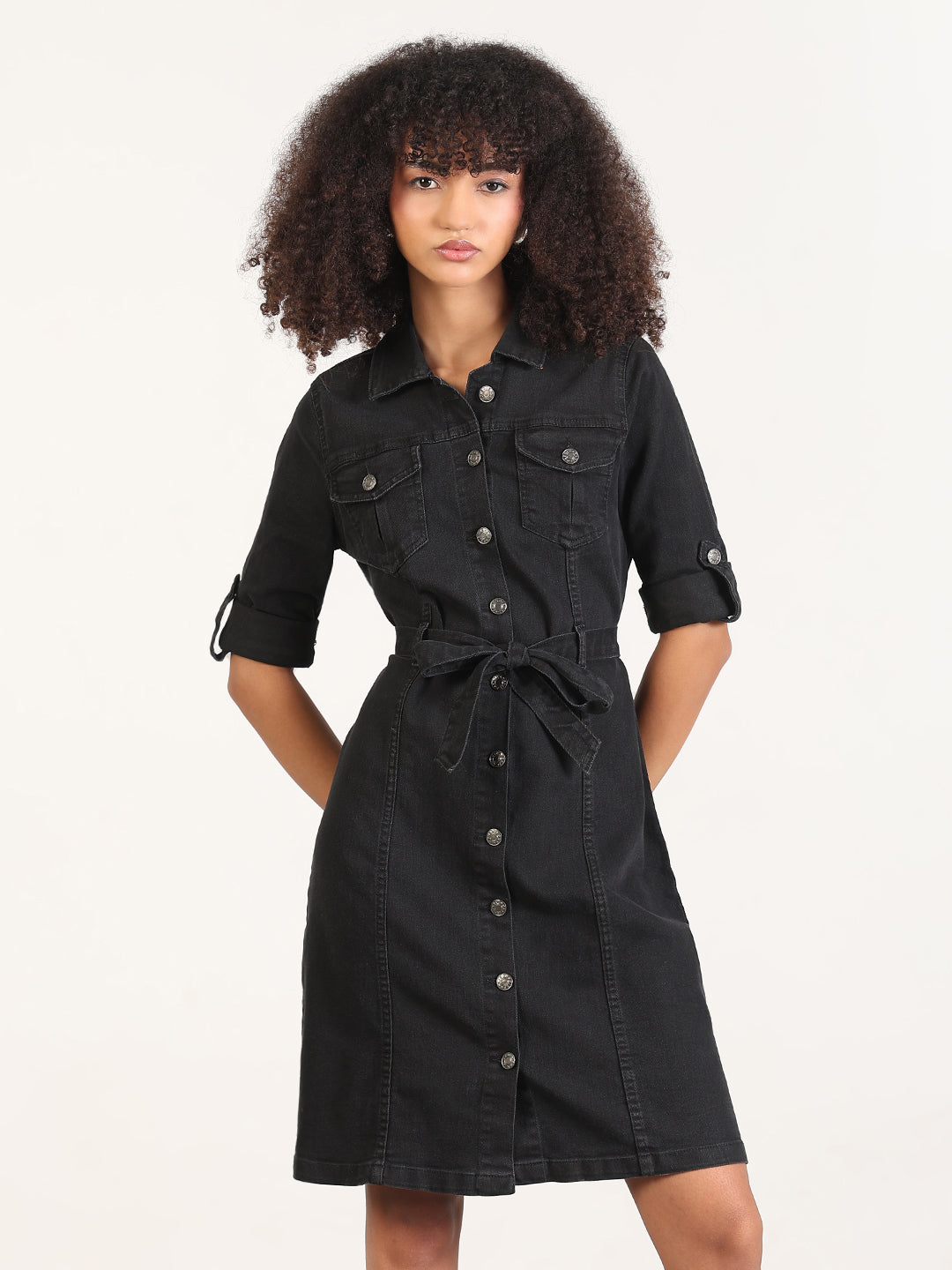 Solid Black Shirt Knee Length Denim Dress with Fabric Belt