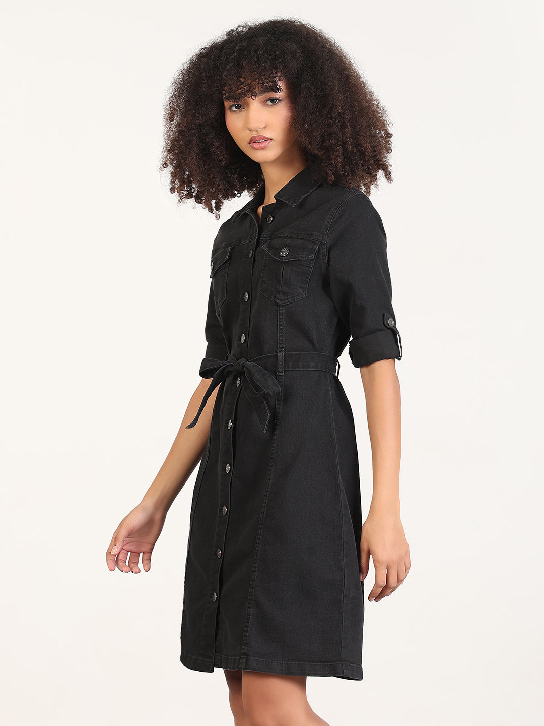Solid Black Shirt Knee Length Denim Dress with Fabric Belt