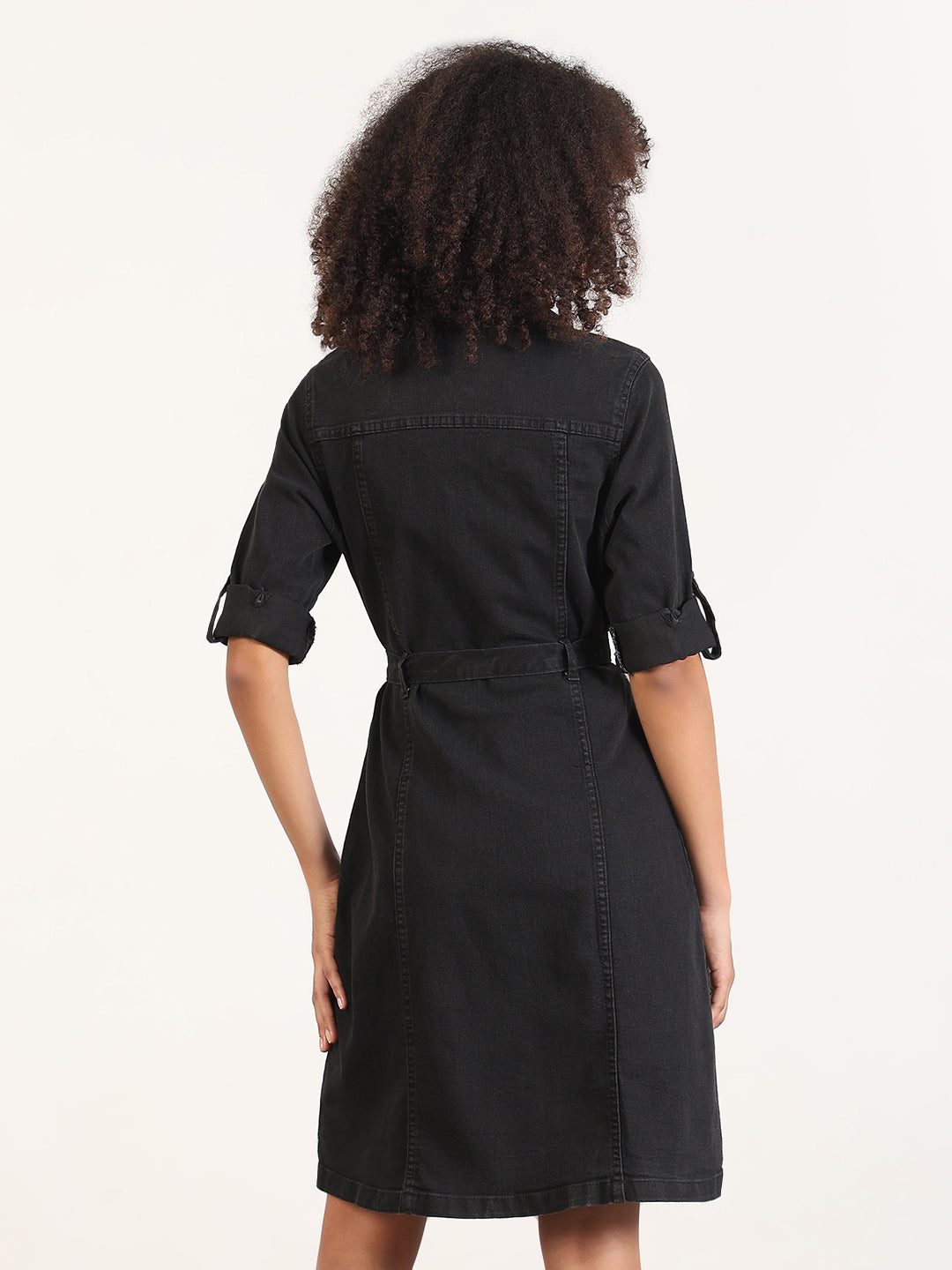 Solid Black Shirt Knee Length Denim Dress with Fabric Belt
