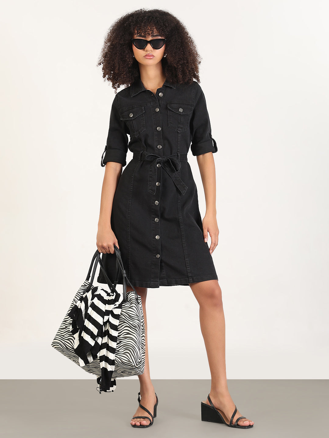 Solid Black Shirt Knee Length Denim Dress with Fabric Belt