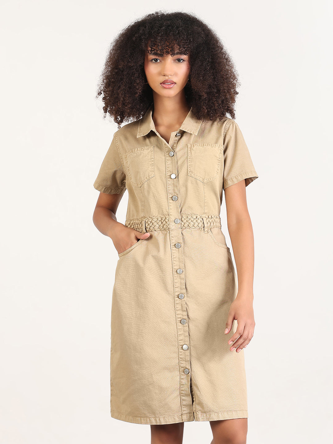 Solid Beige A-Line Knee Length Denim Dress