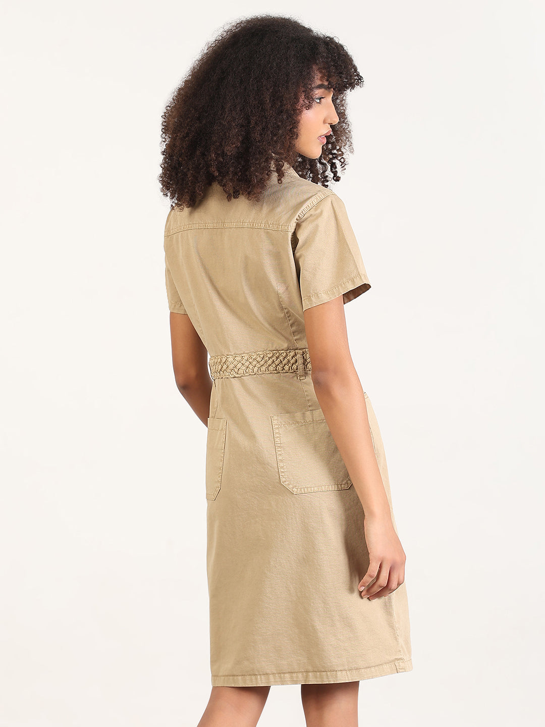 Solid Beige A-Line Knee Length Denim Dress