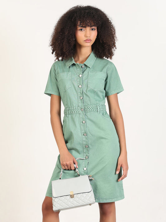 Solid Green A-Line Knee Length Denim Dress