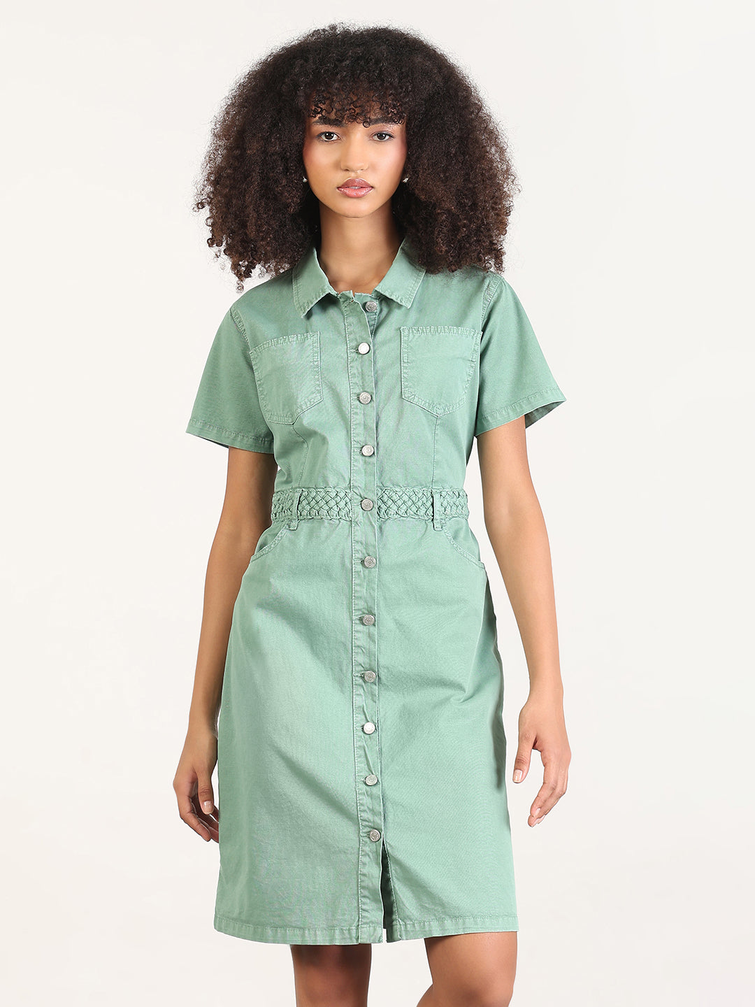 Solid Green A-Line Knee Length Denim Dress