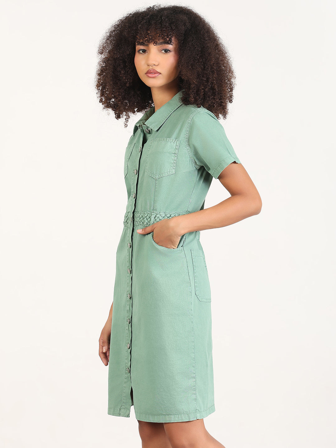 Solid Green A-Line Knee Length Denim Dress