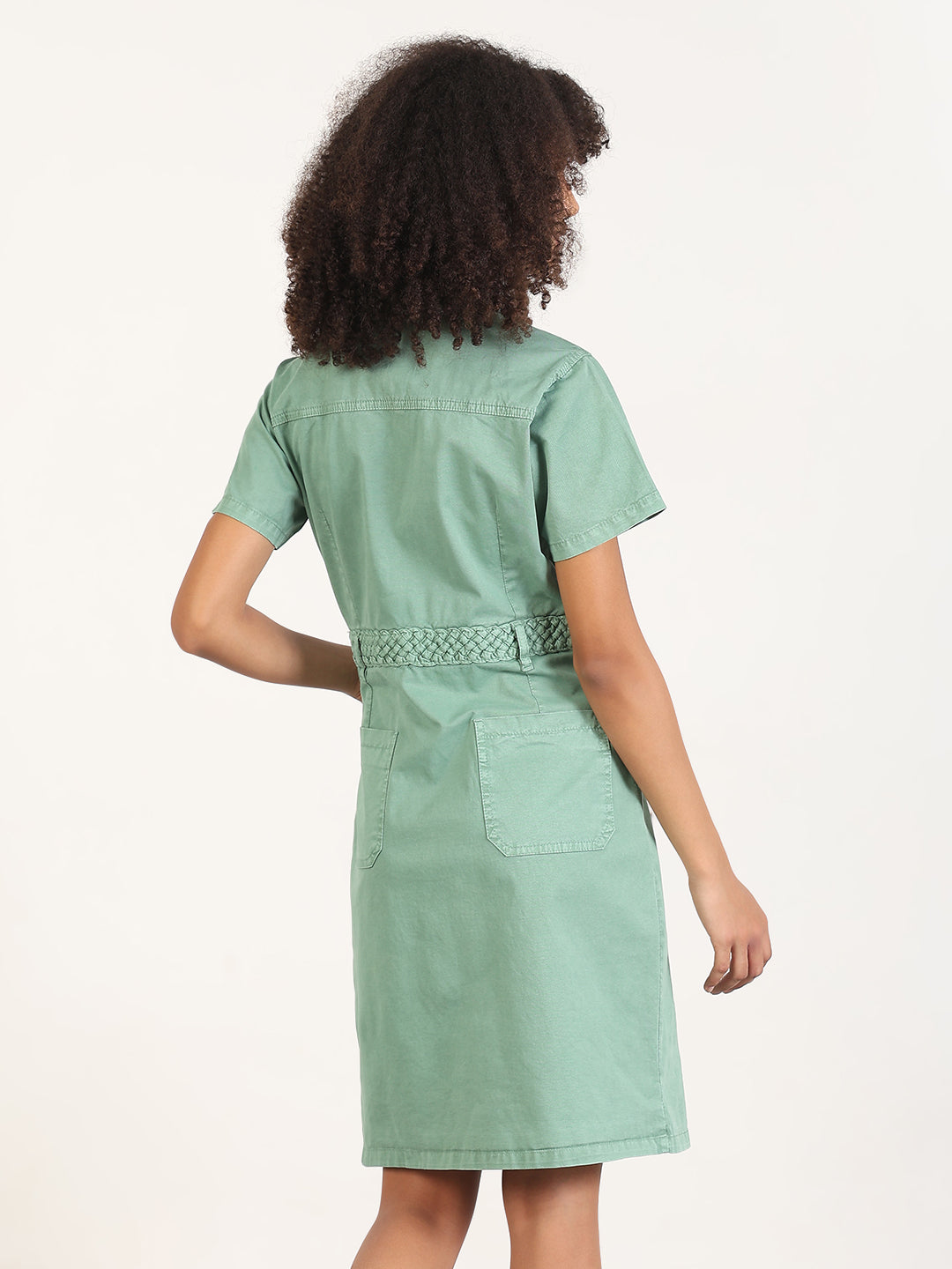 Solid Green A-Line Knee Length Denim Dress