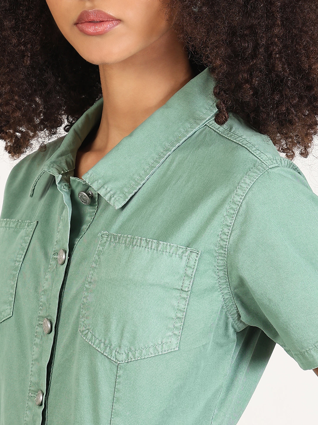 Solid Green A-Line Knee Length Denim Dress