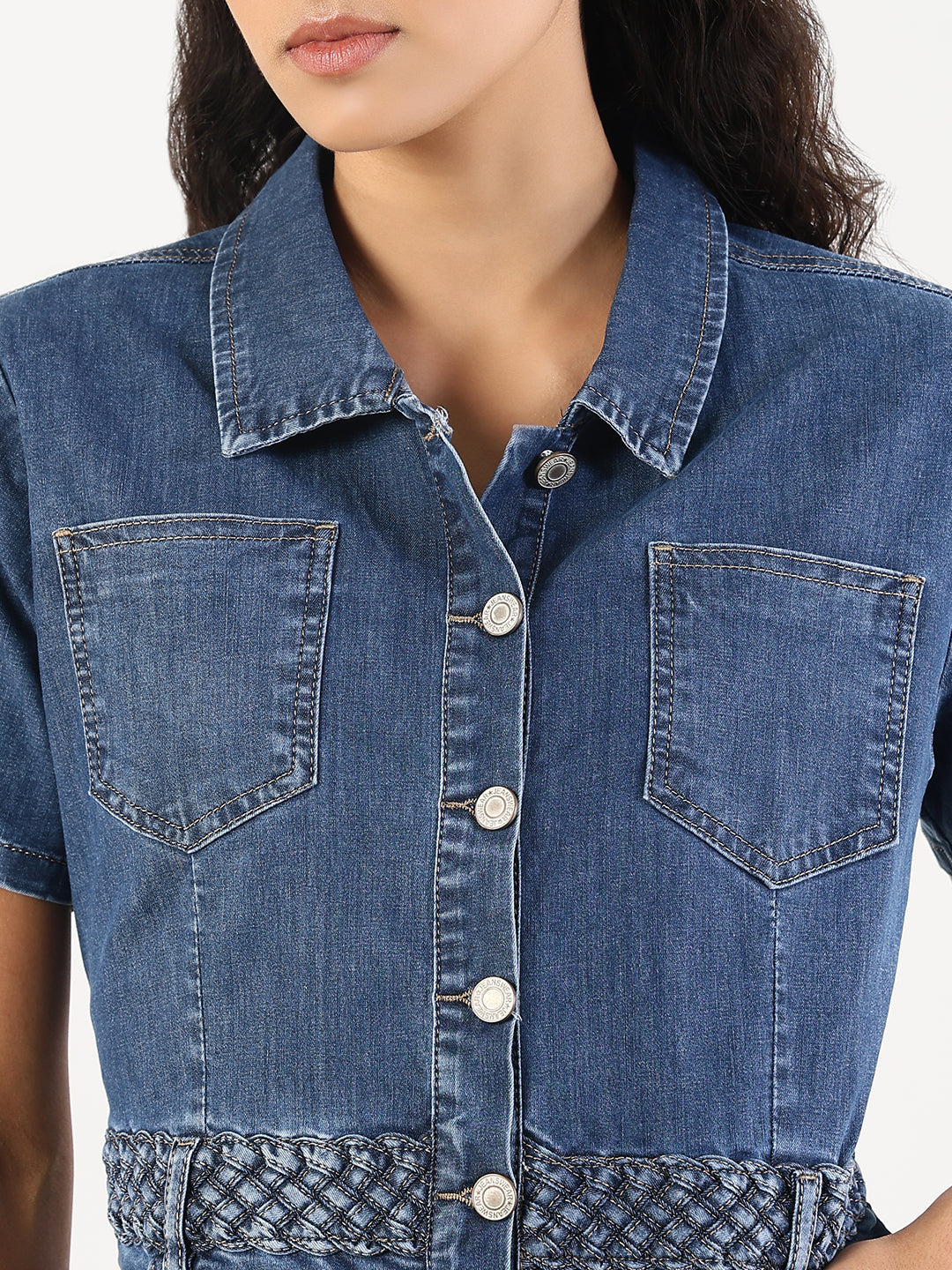 Solid Blue Denim A-Line Above Knee Dress