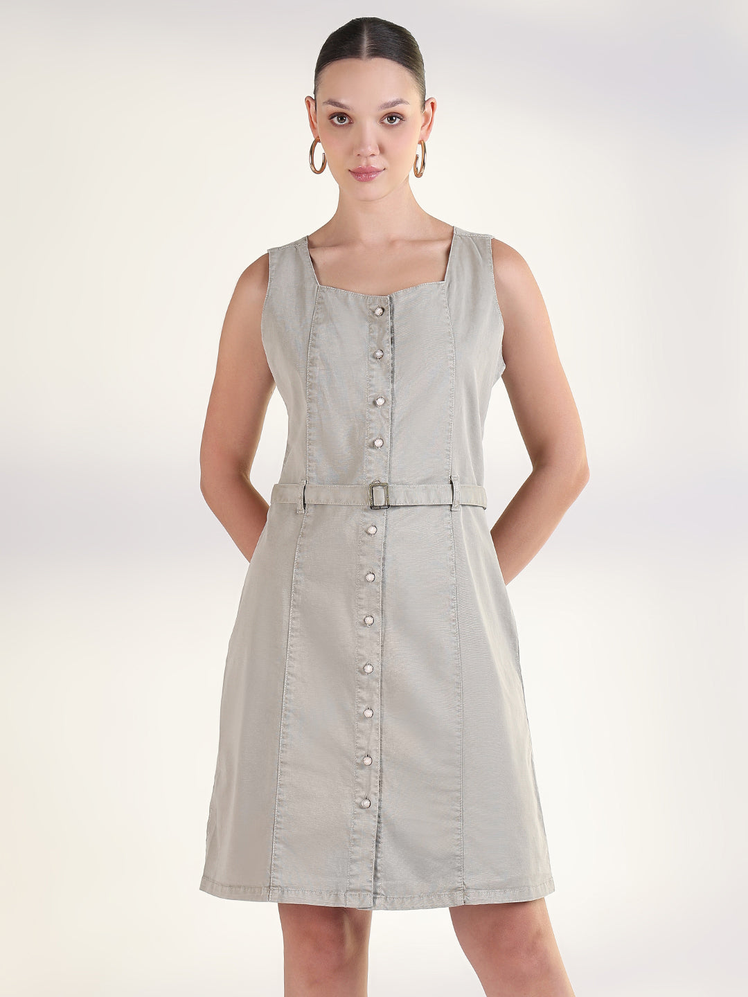 Solid Beige A-Line Knee Length Denim Dress with Belt