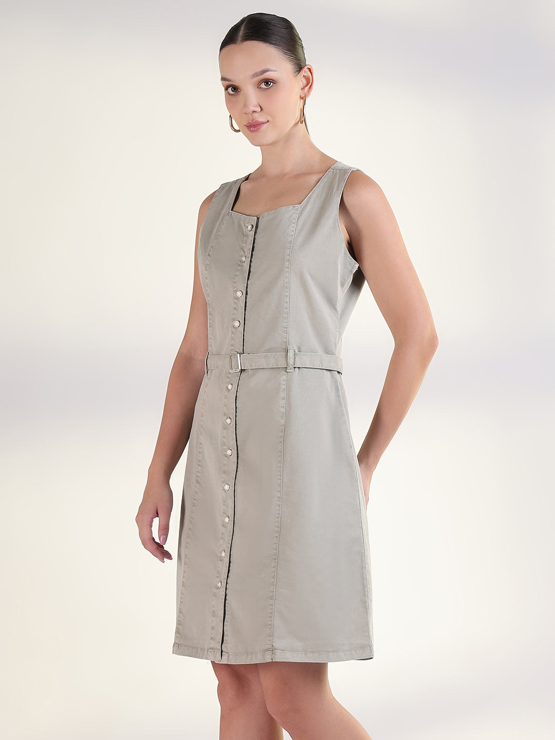 Solid Beige A-Line Knee Length Denim Dress with Belt