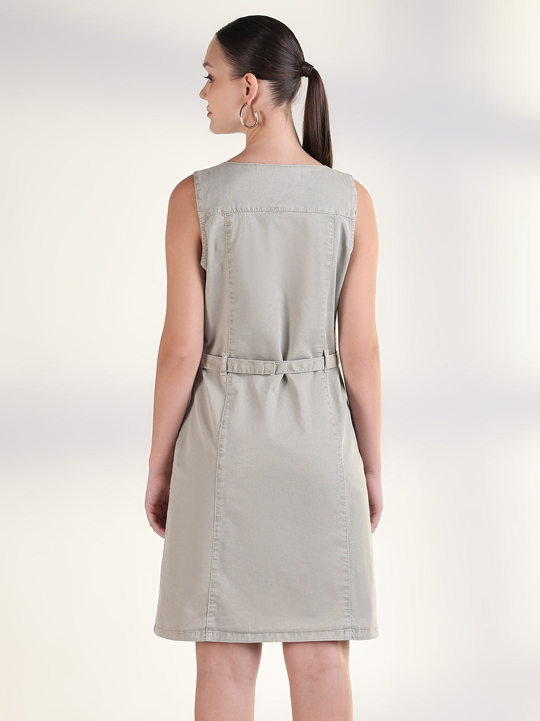 Solid Beige A-Line Knee Length Denim Dress with Belt