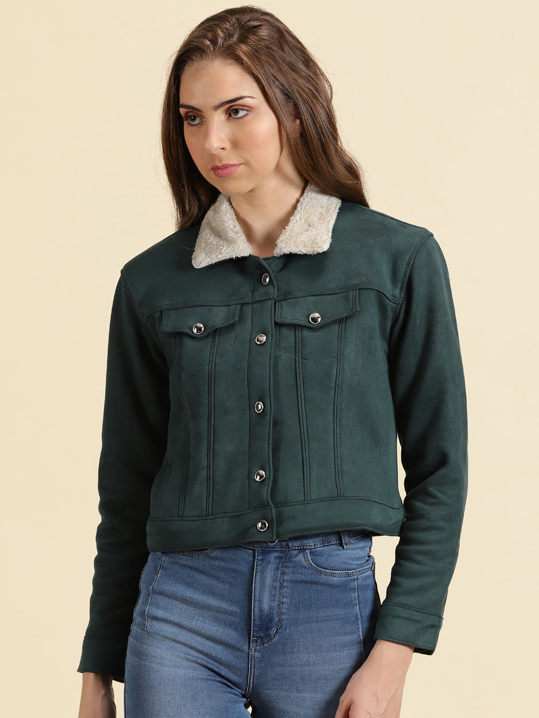 Green Fleece Crop Tailored Jacket With Faux Fur Trim