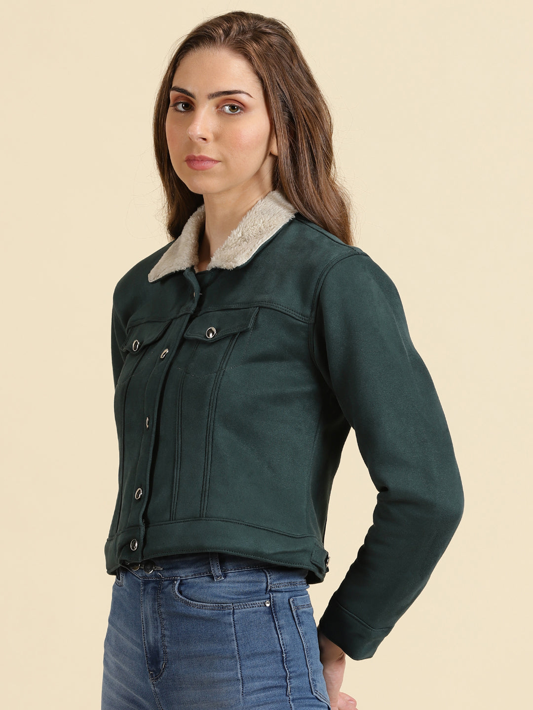 Green Fleece Crop Tailored Jacket With Faux Fur Trim