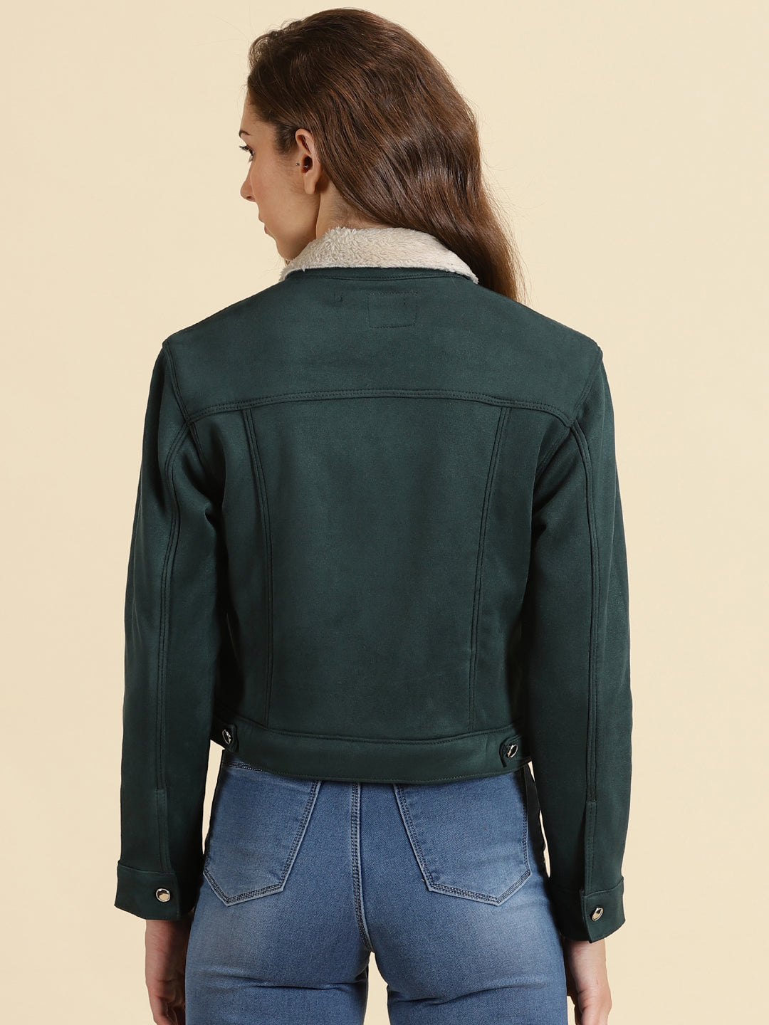 Green Fleece Crop Tailored Jacket With Faux Fur Trim