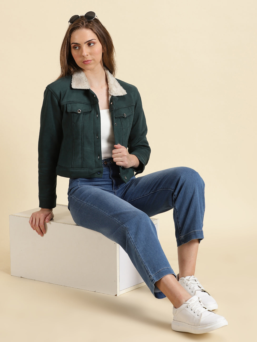 Green Fleece Crop Tailored Jacket With Faux Fur Trim