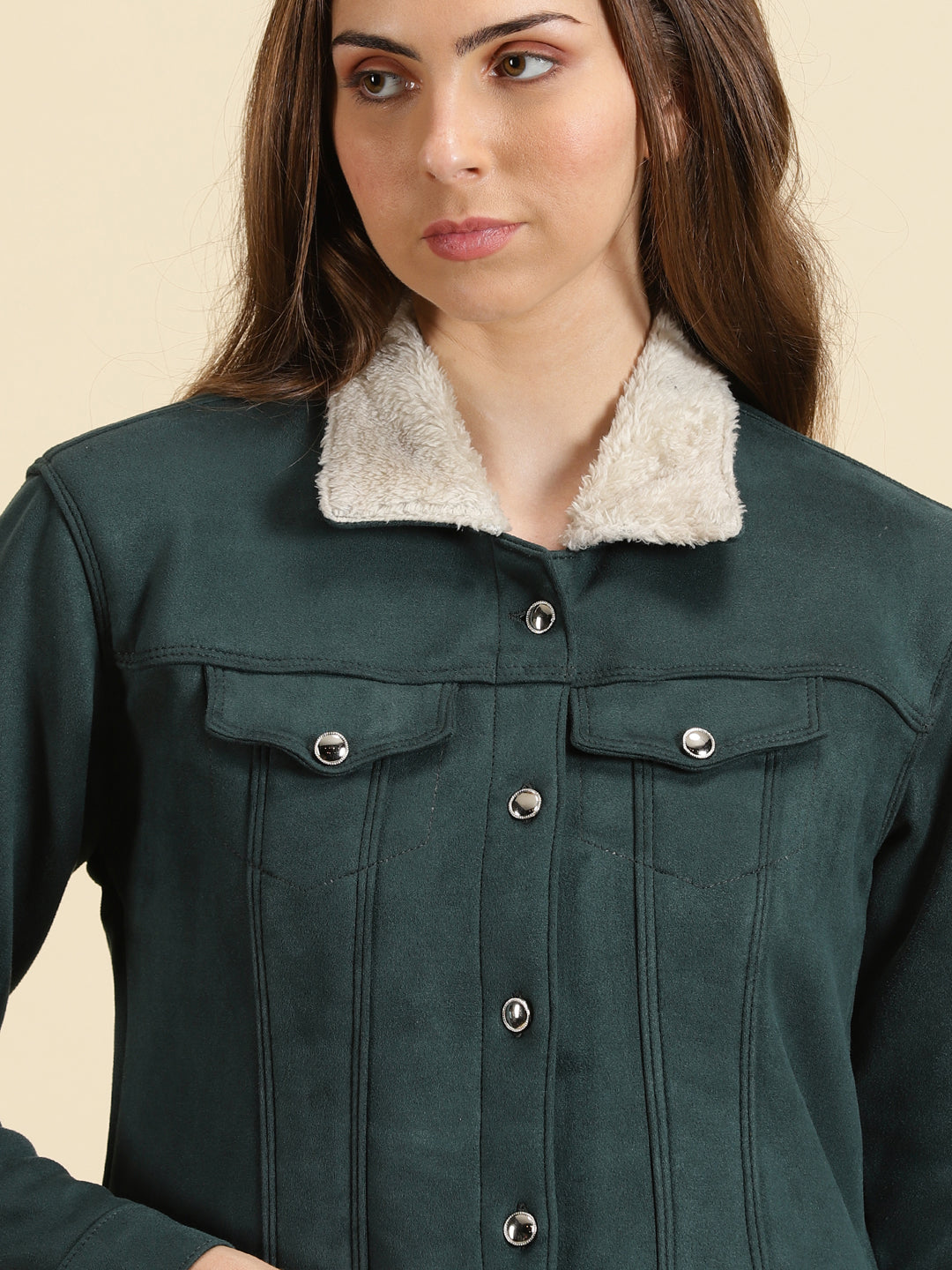 Green Fleece Crop Tailored Jacket With Faux Fur Trim
