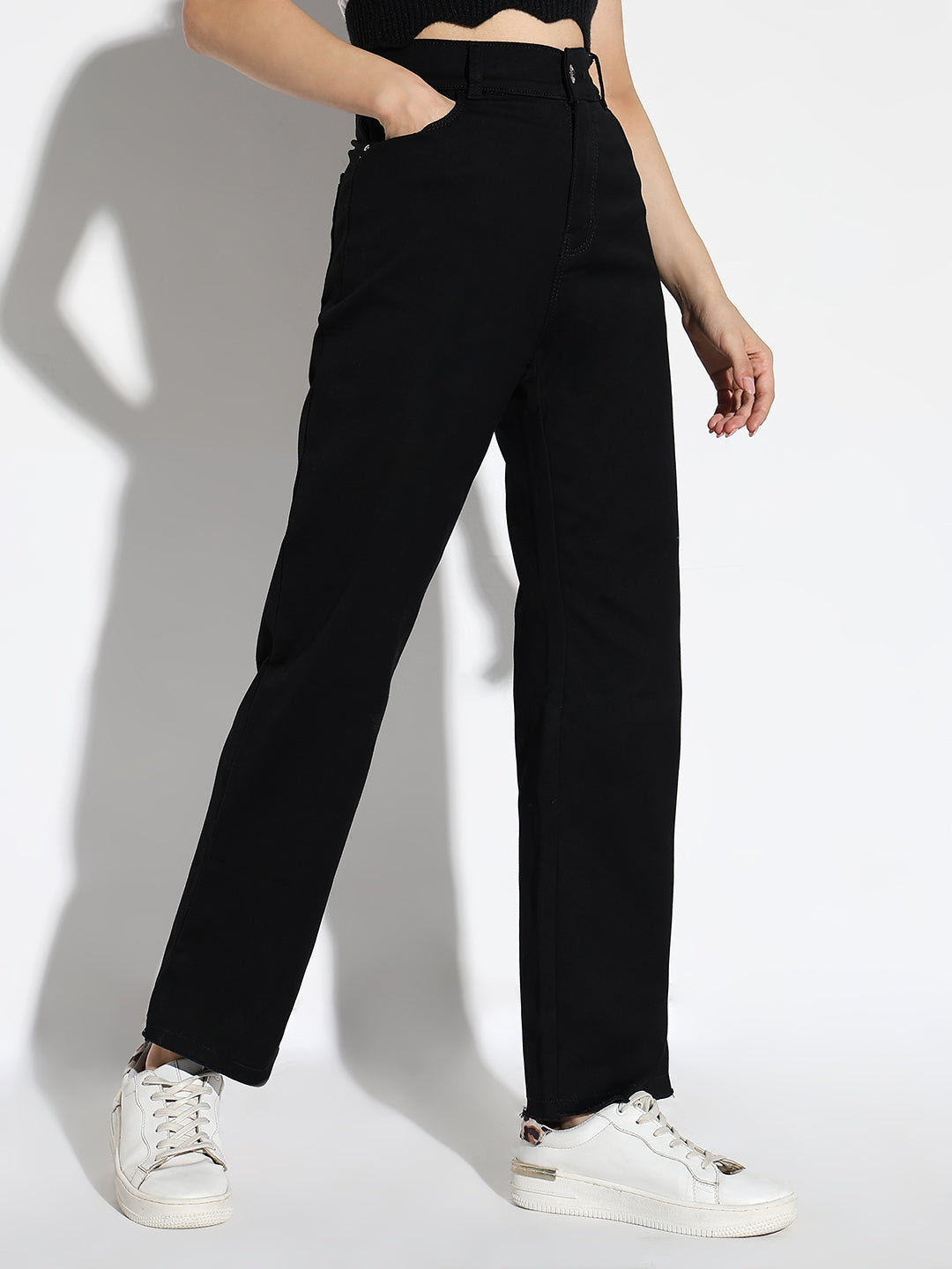 Black Cotton Comfort Straight Fit Acid Wash Stretchable Jeans